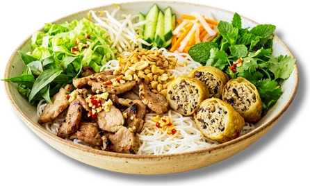 Bún Thịt Nướng — lemongrass grilled pork and a crisp egg roll over cold vermicelli